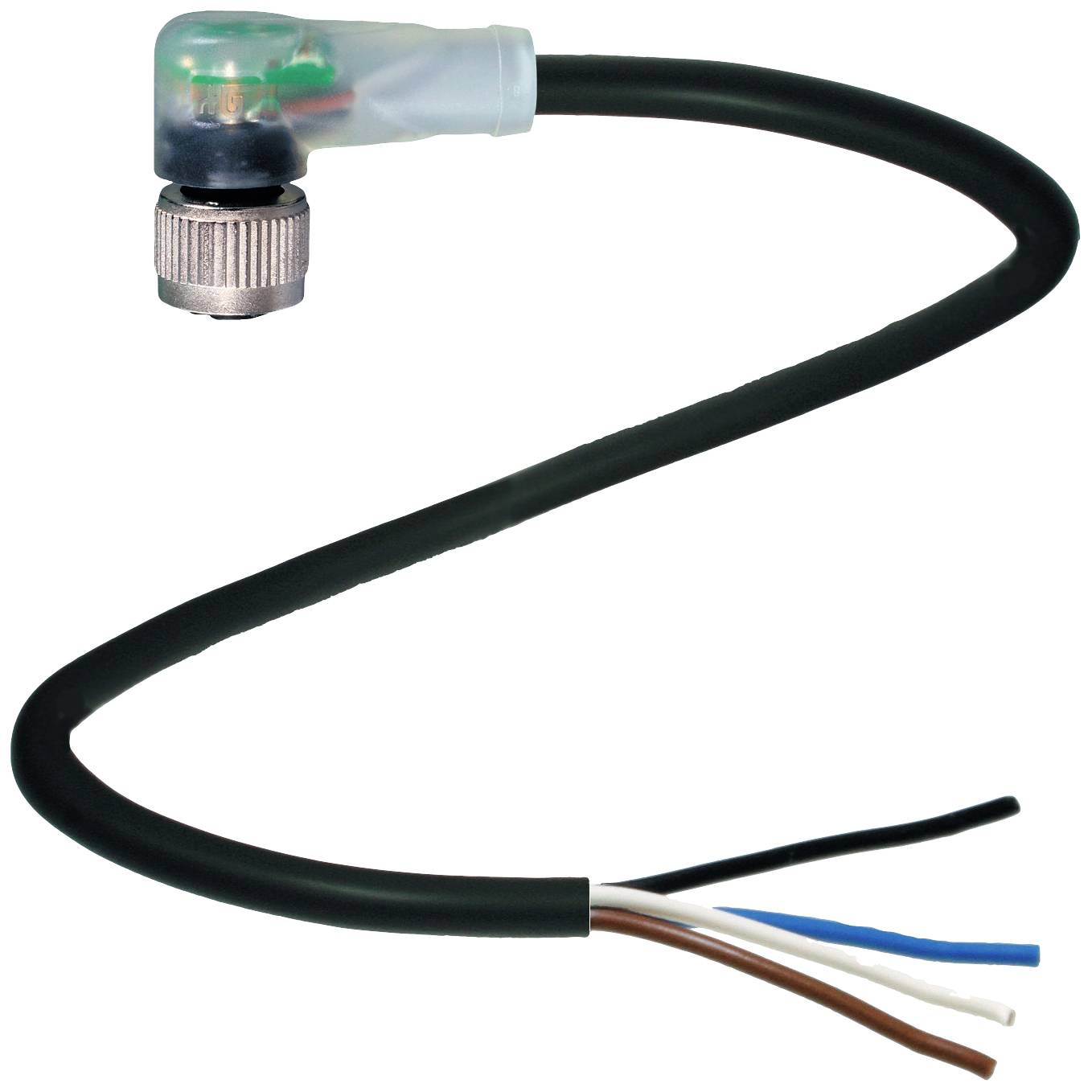 Ein schwarzes Kabel mit einem abgewinkelten Stecker am Ende verfügt über vier herausragende Drähte in den Farben weiß, braun, blau und schwarz.