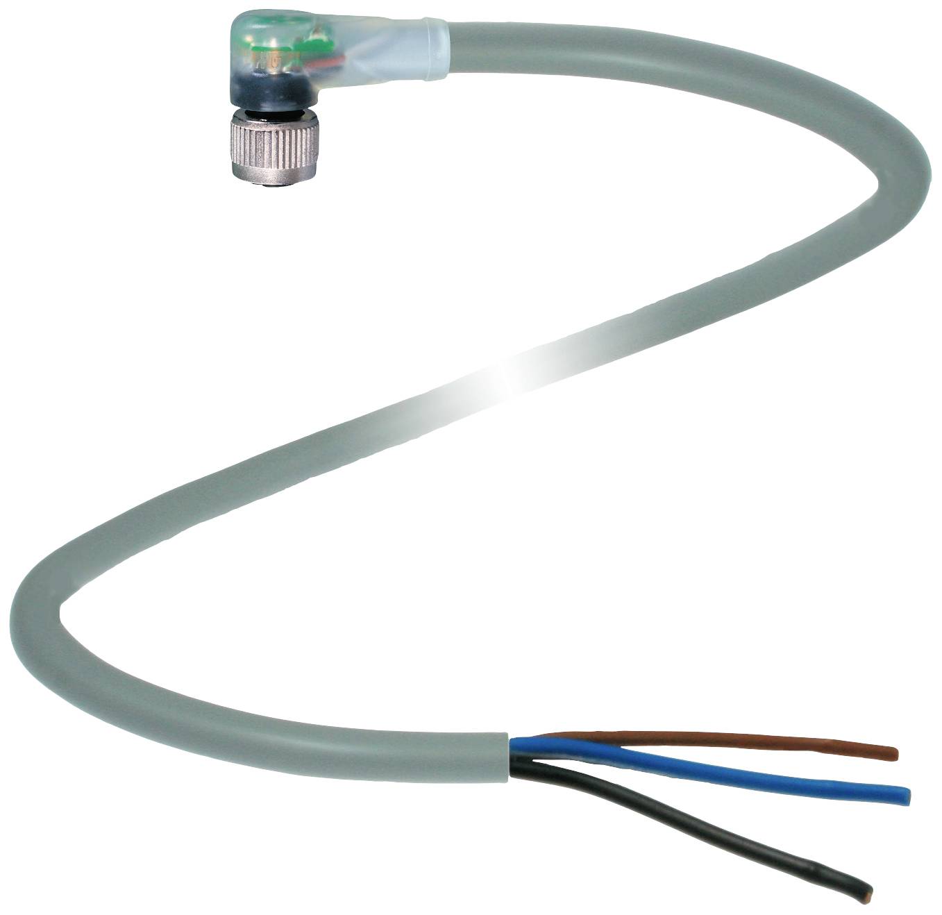 Gebogener, grauer Kabeladapter mit einem Stecker auf der einen und drei offenen, unterschiedlich farbigen Kabeln auf der anderen Seite.