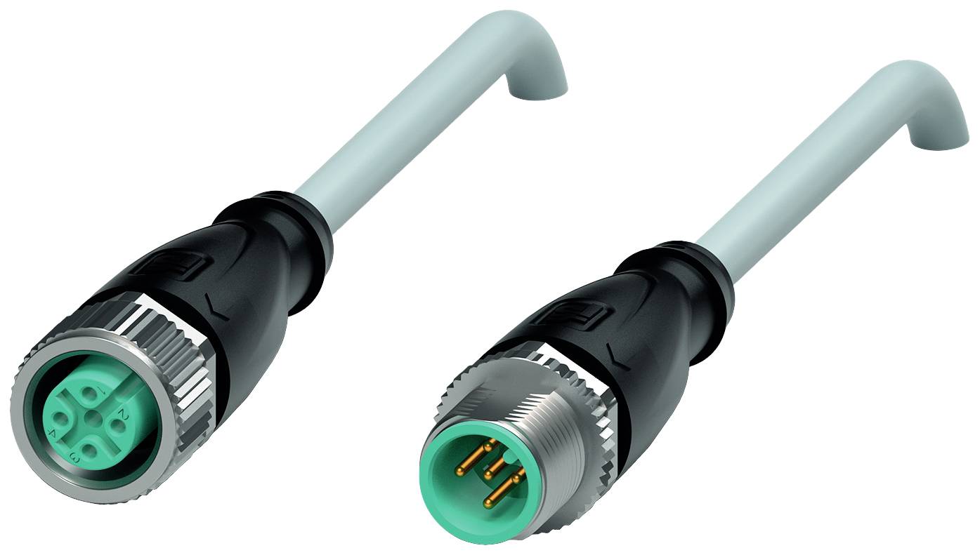 Kupplung und Stecker eines industriellen Steckverbindersets, mit grüner und metallischer Fassung, für Verkabelungsanwendungen.