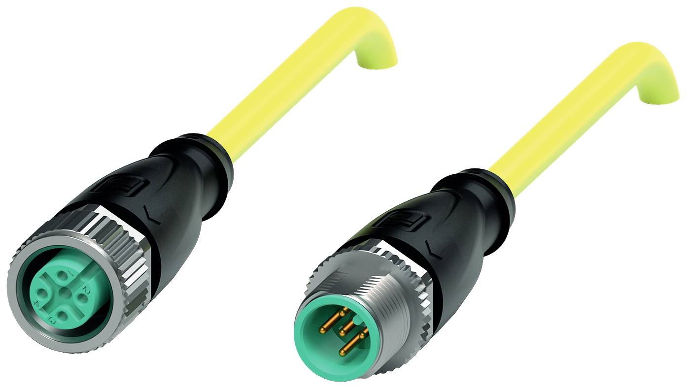 Steckverbinder mit gelbem Kabel, einer mit Buchse, einer mit Stecker, industriell, für elektrische Verbindungen.