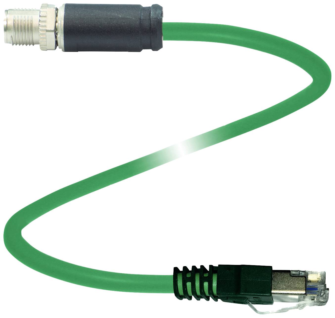 Grünes Koaxialkabel mit F-Stecker auf RJ45-Stecker, verbindet spezialisierte Geräte zur Datenübertragung in Netzwerken.