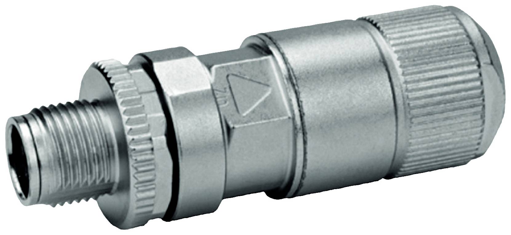 Metallischer F-Stecker mit Schraubgewinde, geeignet für Koaxialkabelverbindungen in Satelliten- oder Kabelfernsehsystemen.