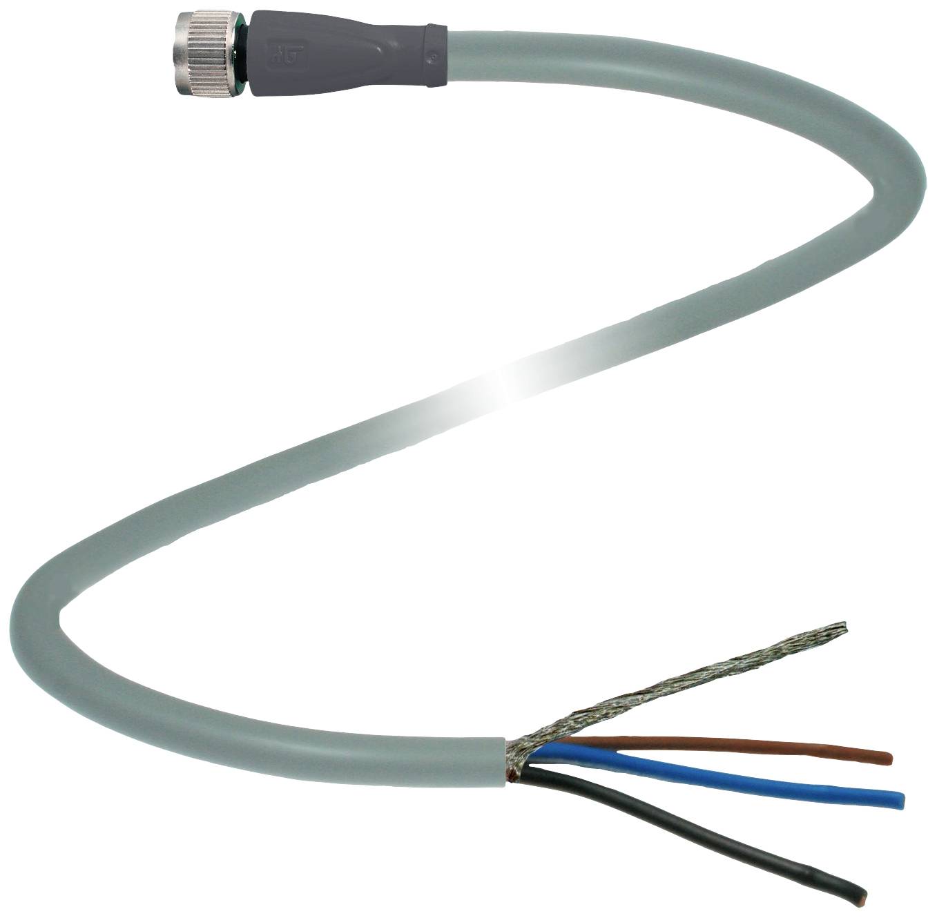 Graues Kabel mit vier Drahtadern am Ende, einsatzbereit für elektrische Installationen.