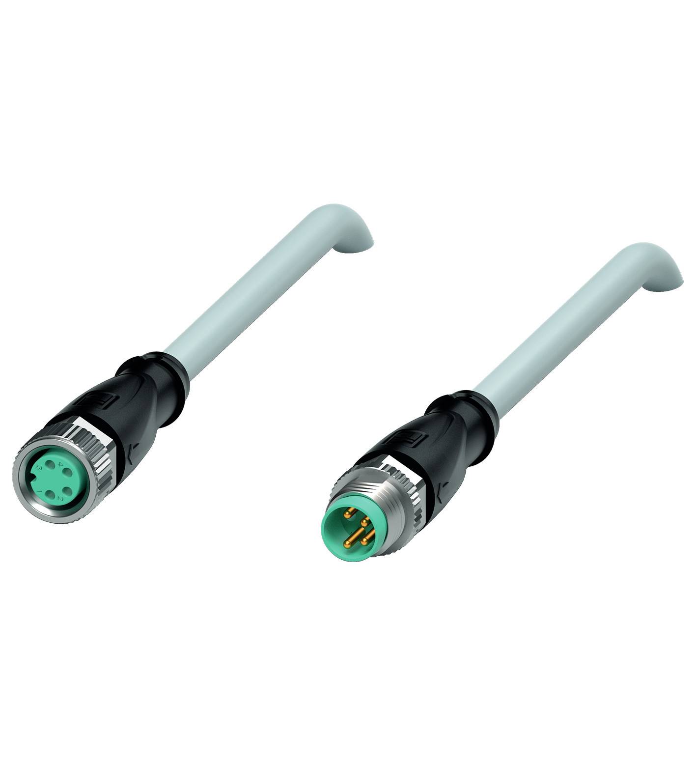 Zwei graue Kabel mit schwarzen Steckverbindern und grünem Innenbereich, jeweils mit Metallverschluss, zeigen männlichen und weiblichen Anschluss.