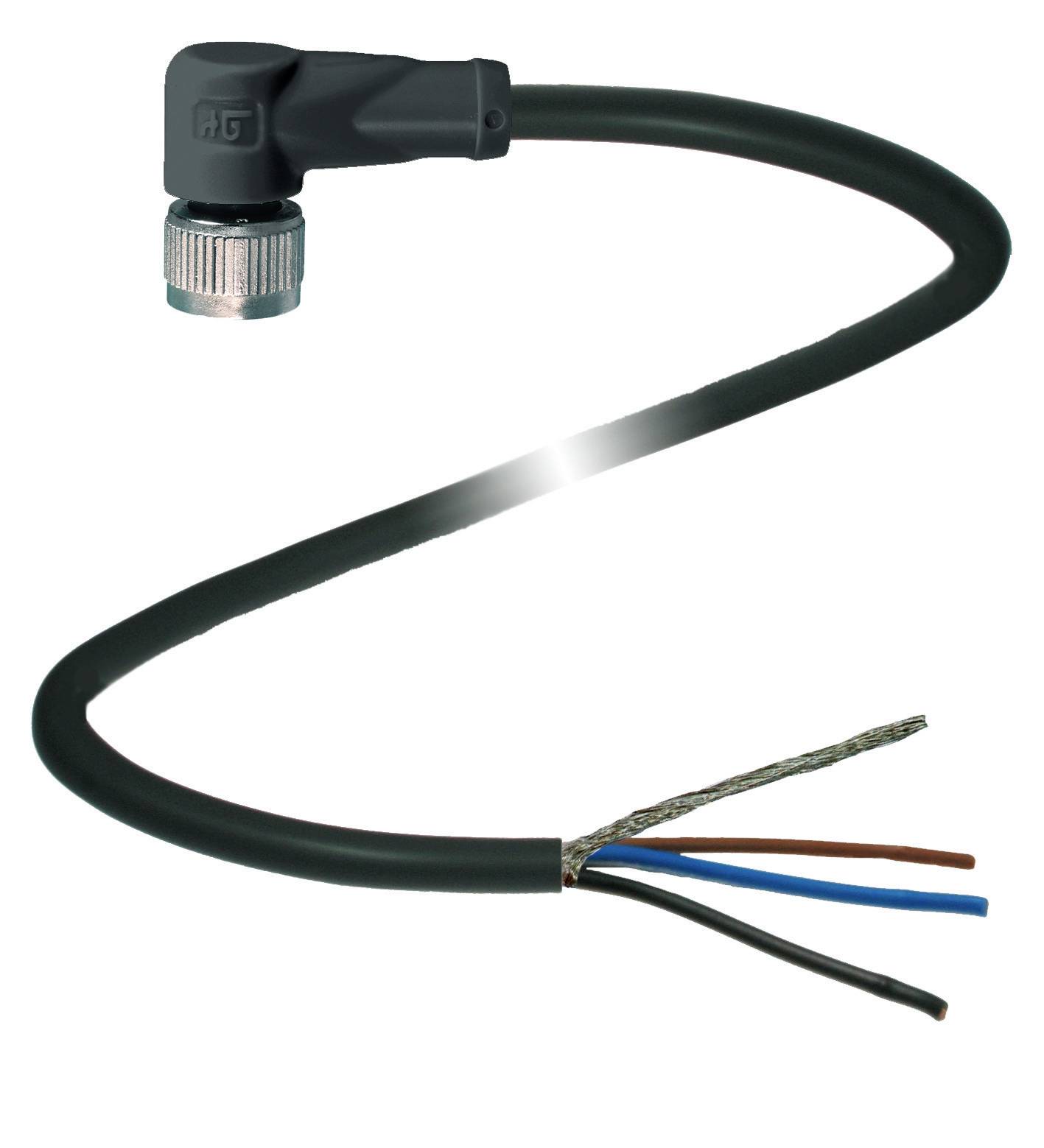 Ein schwarzes, gewinkeltes Kabel mit einem Stecker an einem Ende und offenen Drähten am anderen Ende, geeignet für elektrische Verbindungen.