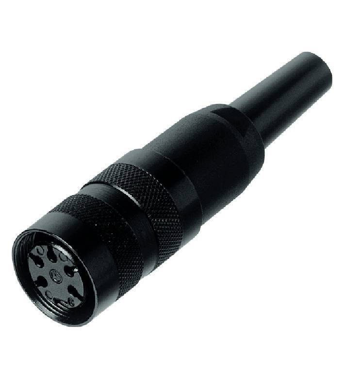 Ein schwarzer, zylindrischer elektrischer Stecker mit mehreren Pins an einem Ende, geeignet für Elektronikverbindungen.