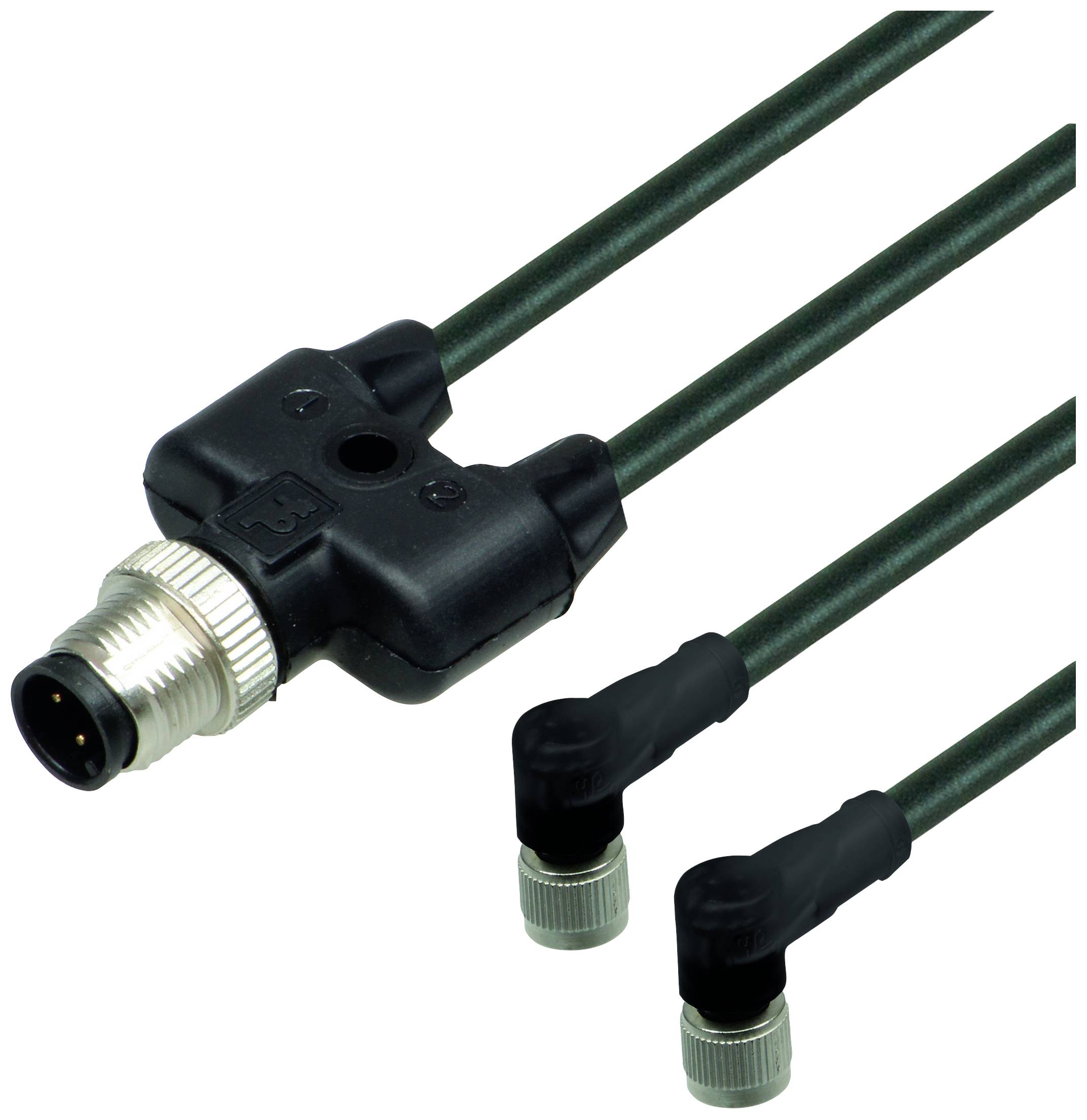 Ein Y-förmiger Adapterkabel mit einem Steckeranschluss auf der einen Seite und zwei abgewinkelten Anschlüssen auf der anderen Seite.