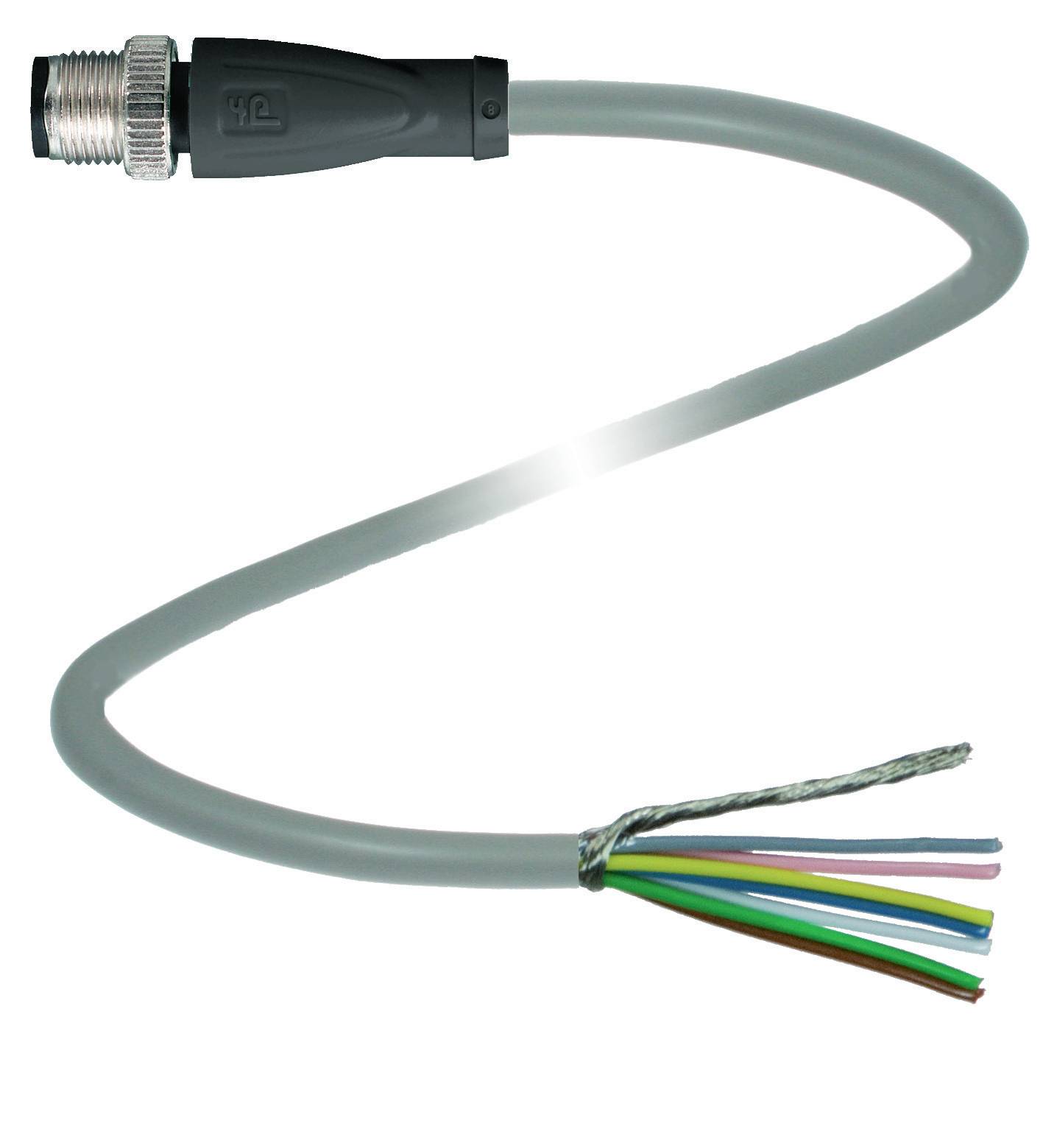 Ein graues M8-Sensorkabel mit offenem Ende und mehreren farbigen Drähten, geeignet für industrielle Anwendungen.