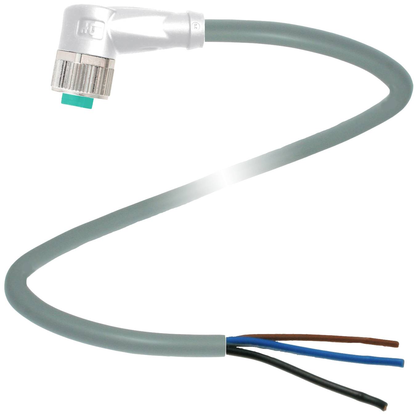 Ein graues Kabel mit einem Metallstecker an einem Ende und offenen Drähten am anderen. Verwendet für elektrische Verbindungen.