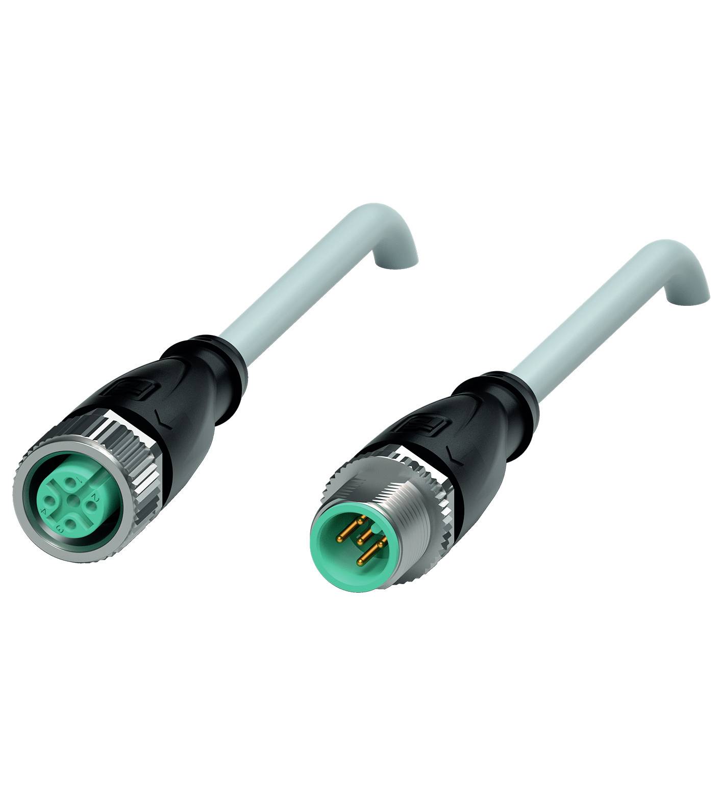 Zwei industrielle Kabelsteckverbindungen, einer mit Steckbuchse, der andere mit Stecker. Beide sind rund und haben eine graue Leitung.