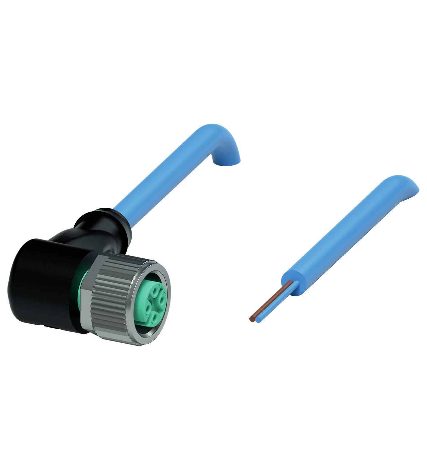 Ein Winkelstecker mit einem abisolierten Draht daneben. Beide haben blaue Schutzhüllen. Der Stecker ist teilweise schwarz und grau.