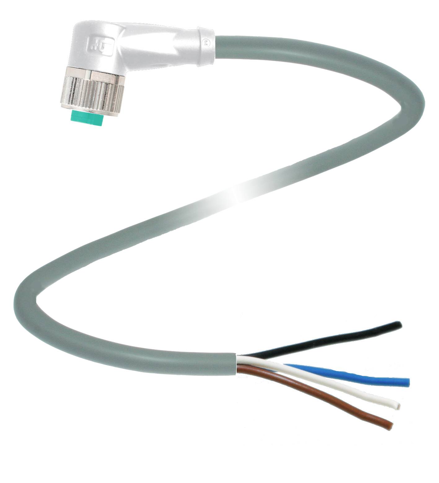 Graues elektrisches Anschlusskabel mit gewinkeltem Stecker und offenen Enden für die Verkabelung. Geeignet für industrielle Anwendungen.