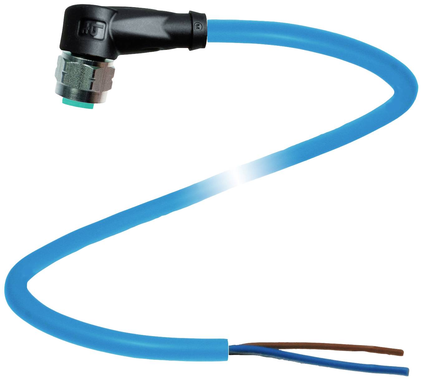 Ein blaues Kabel mit einem schwarzen Winkelstecker ist an einem Ende sichtbar. Das andere Ende ist abisoliert und zeigt zwei Drähte.