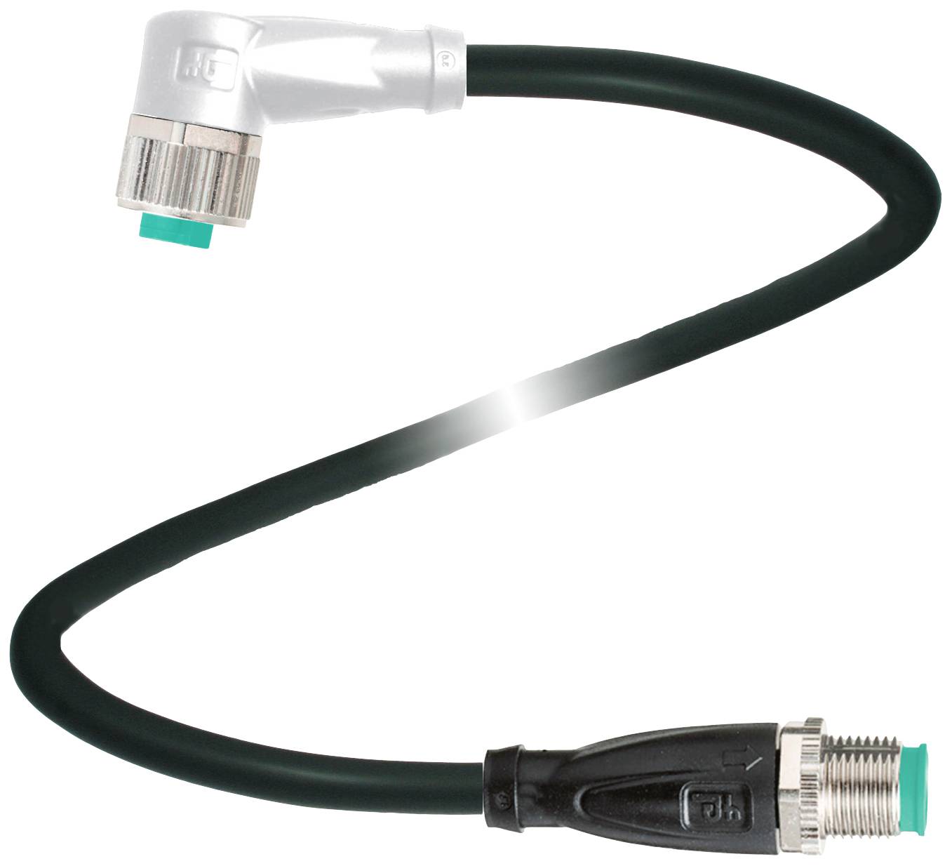 Schwarzes Ethernet-Kabel mit rechtwinkligem Steckverbinder links und geradem Steckverbinder rechts, geeignet für industrielle Anwendungen.