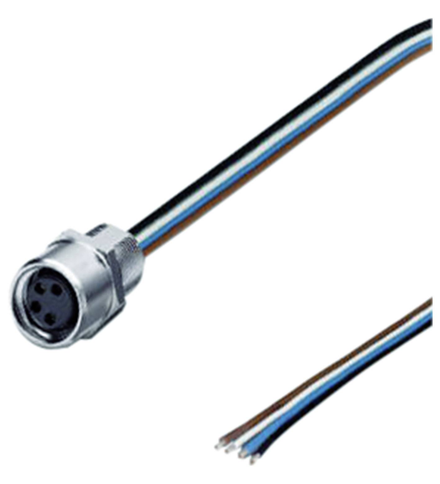 Ein Metallstecker mit drei Kabeln: braun, blau und schwarz. Der Stecker hat vier kreisförmige Anschlüsse.