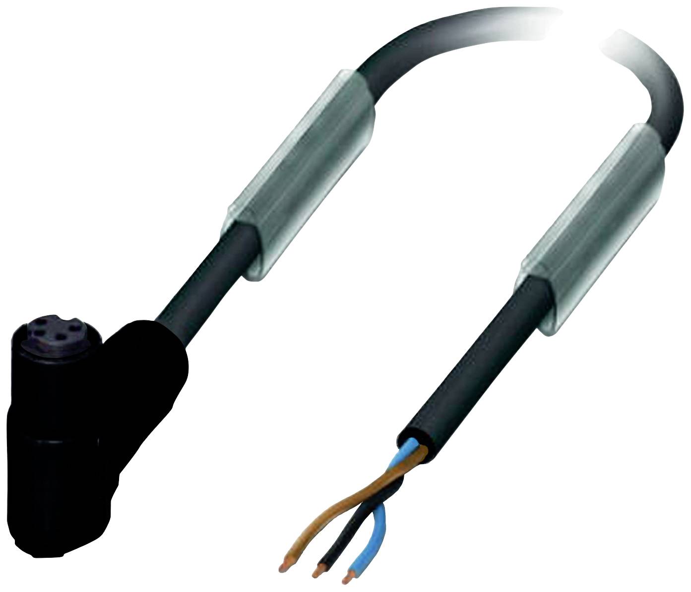 Ein schwarzes Elektrokabel mit zwei freiliegenden Drähten auf der rechten Seite und einem gebogenen Stecker auf der linken Seite.