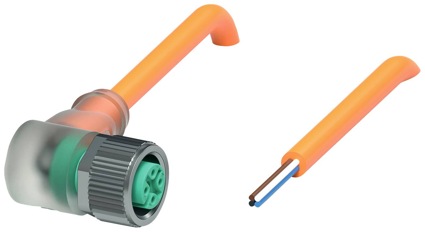 Stecker mit orangefarbenem Kabel, das an einem grünen Anschlussteil endet. Daneben ein offener Kabelstummel mit zwei Drähten.