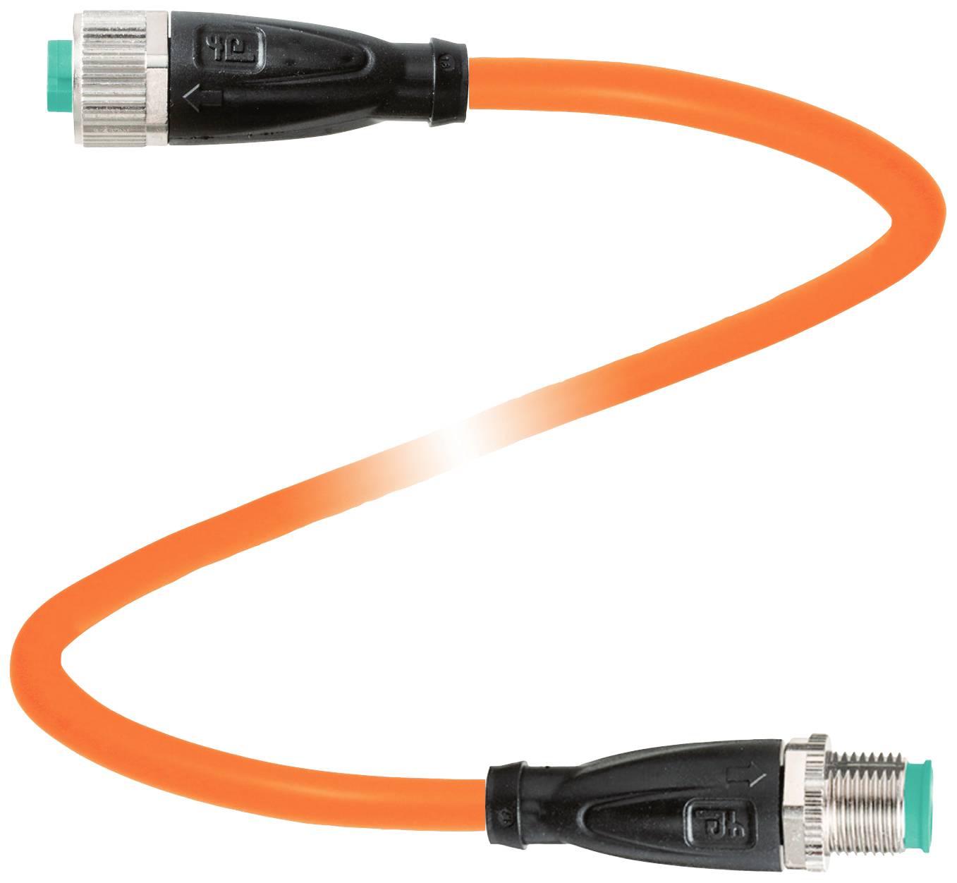 Orangefarbenes, gewundenes Kabel mit schwarzen Endstücken und silbernen Steckverbindern an beiden Enden.