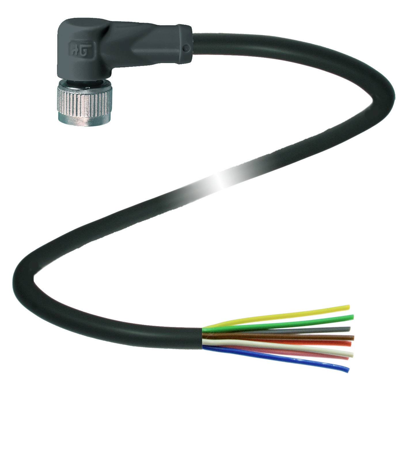 Elektrisches Kabel mit abgewinkeltem Stecker auf der einen Seite und sechs freigelegten, farbcodierten Drähten auf der anderen Seite.