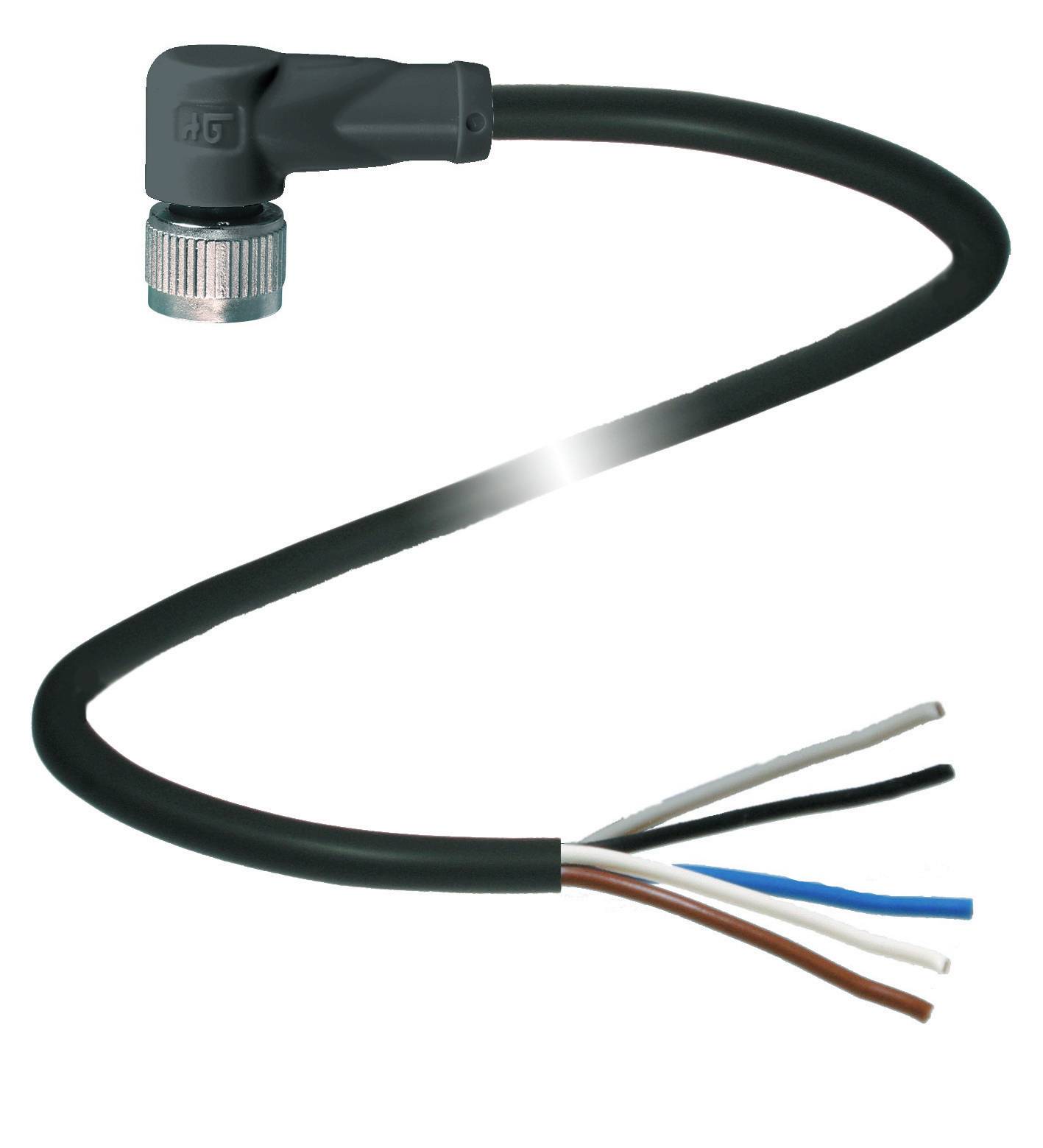 Ein schwarzes Kabel mit einem abgewinkelten Stecker und freiliegenden Drahtenden in verschiedenen Farben: braun, blau, schwarz, weiß.