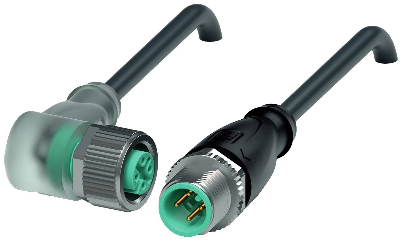 Zwei elektrische Steckverbinder: Einer ist mit einem grünem Einsatz an einem Winkelstecker, der andere an einem geraden Kabel.