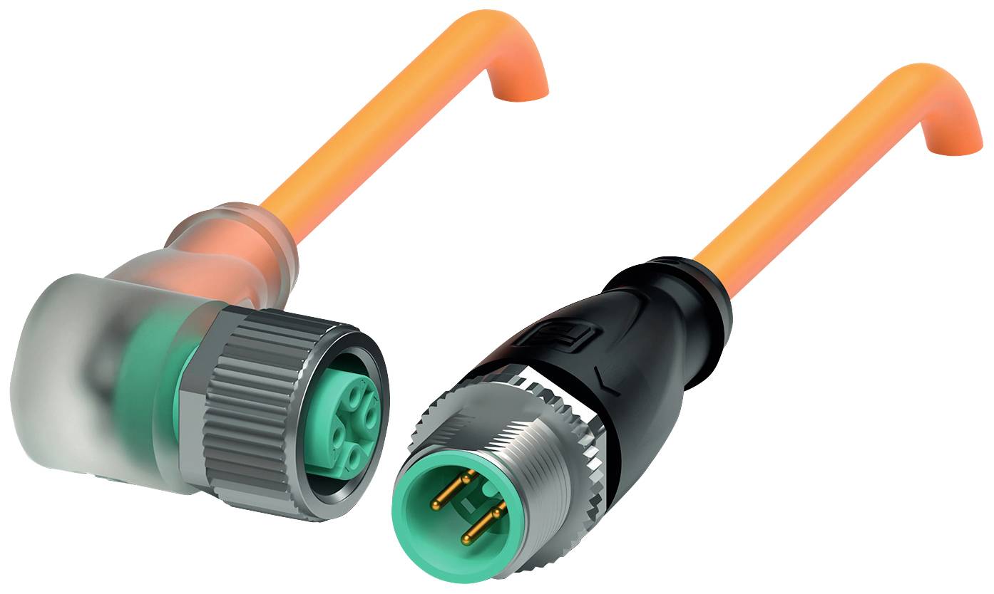 Zwei orange und grünfarbige Sensorsteckverbinder: einer mit Winkelschutz, der andere in gerader Ausführung.