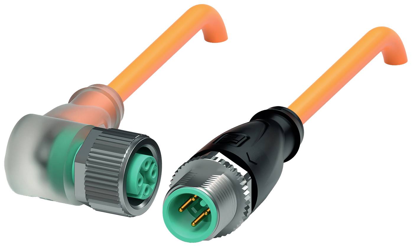 Zwei Industrie-Steckverbinder, einer mit Winkelstecker, der andere gerade. Beide haben ein orangefarbenes Kabel und grüne Innensegmente.
