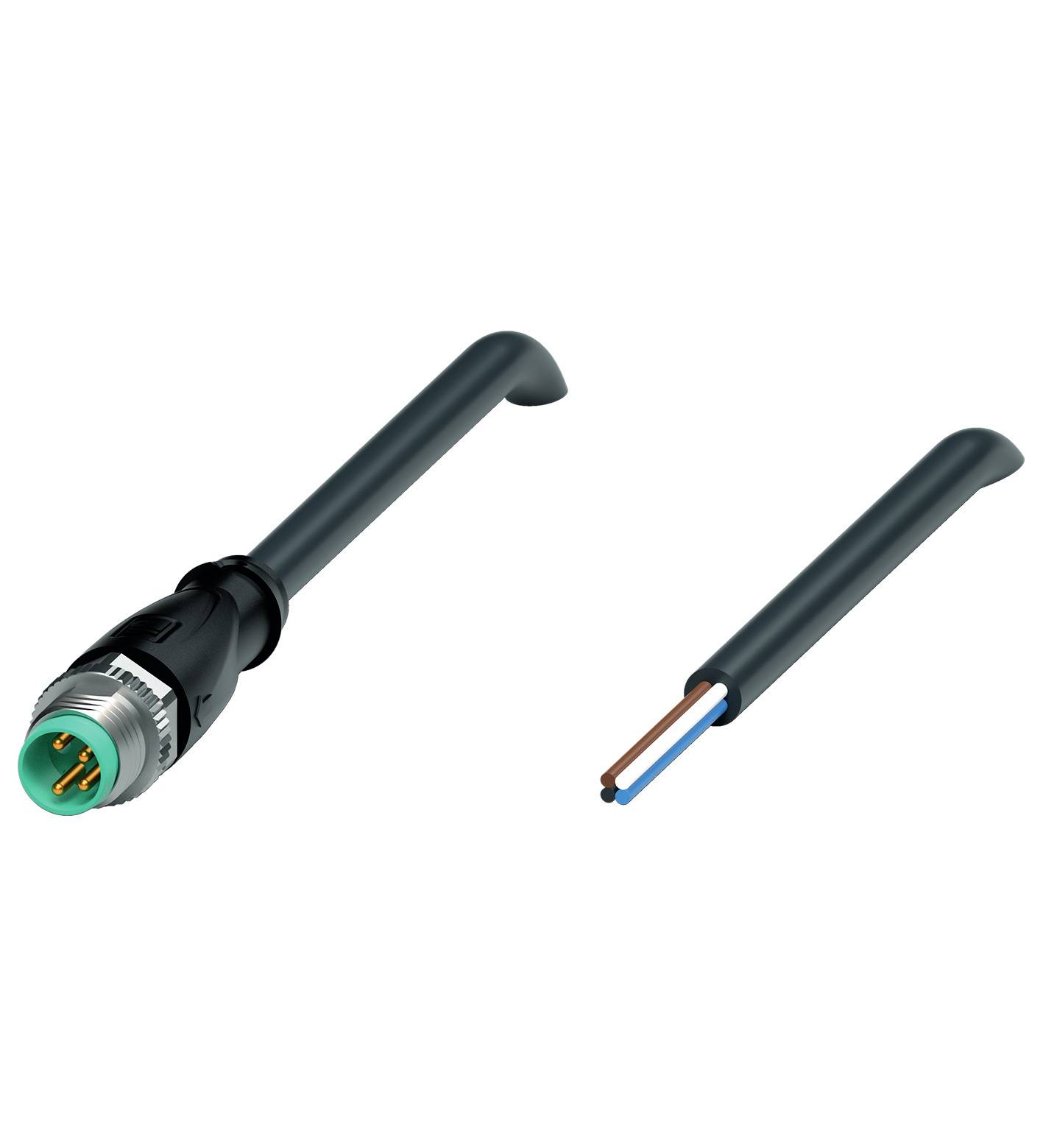 M12-Rundsteckverbinder mit offenem Kabelende; links Stecker mit Metallgehäuse, rechts Kupfer- und blaue Ader. Verbindet Elektronikkomponenten.