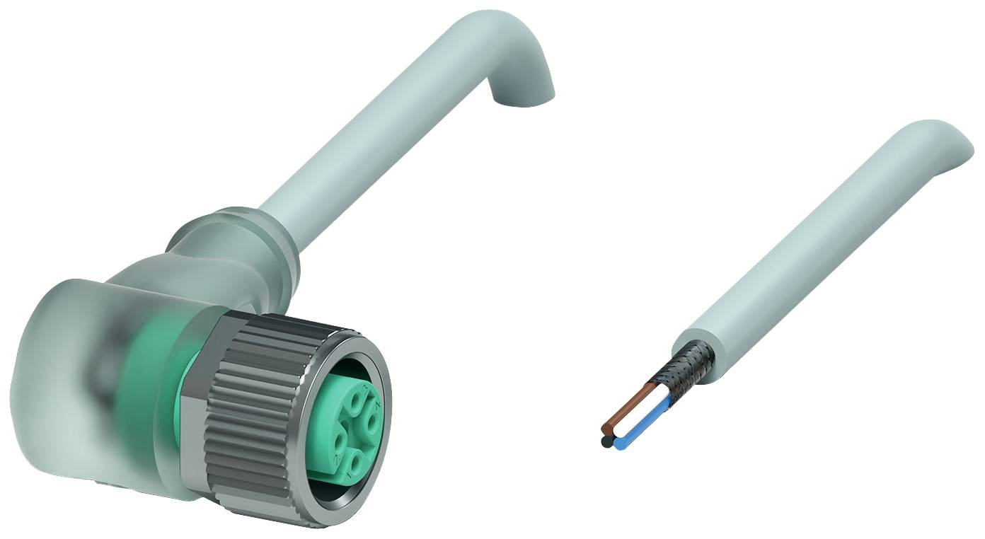 Ein L-förmiges elektrisches Steckverbindergehäuse mit grauem Abschluss und freiliegenden Enden von Kabeldrähten, angeordnet nebeneinander.