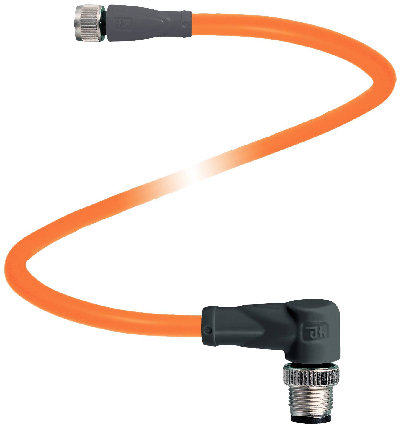 Ein orangefarbenes, flexibles Kabel mit zwei Steckverbindungen an den Enden, geeignet für die Verbindung von elektronischen Geräten.