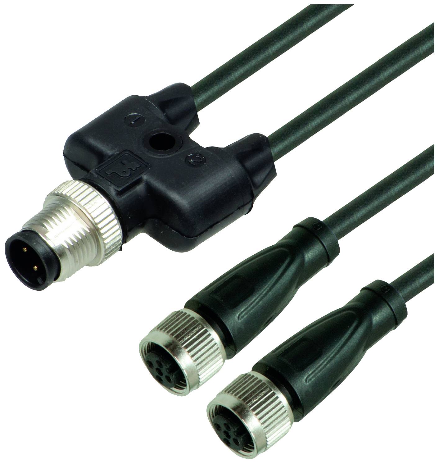 Ein Y-Verbindungskabel mit einem männlichen M12-Stecker und zwei weiblichen M12-Buchsen, meist für industrielle Anwendungen genutzt.