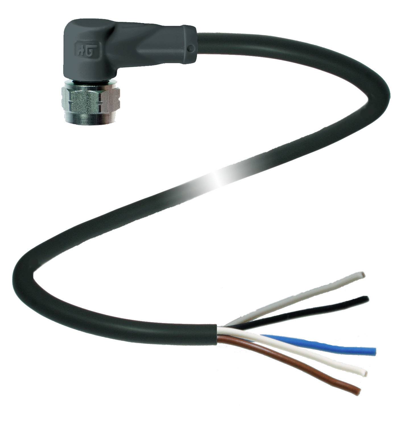 Schwarzes elektrisches Kabel mit gewelltem Design, Metallverbinder und fünf offenen Enddrähten in Weiß, Schwarz, Braun, Blau und Grau.