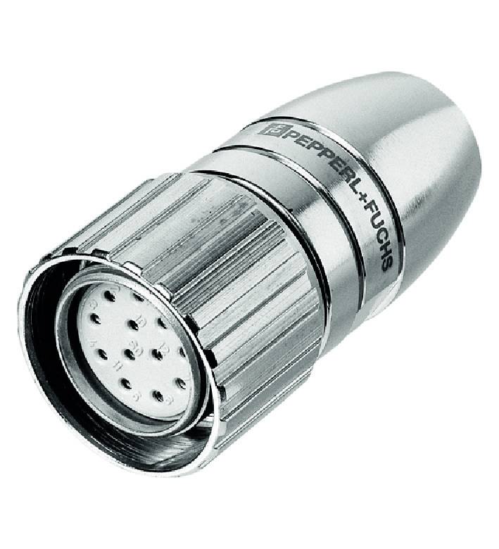 Silberner, zylindrischer Stecker mit mehreren Pins innen. Verbindungsstück für elektronische Geräte. Logo und Name 'Pepperl+Fuchs' sichtbar.