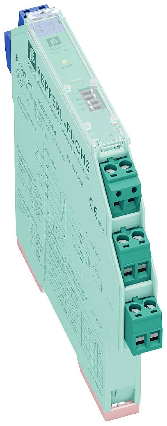 Ein mintgrünes Modemodul von Pepperl+Fuchs mit Beschriftungen und Schraubklemmen auf der Vorderseite.