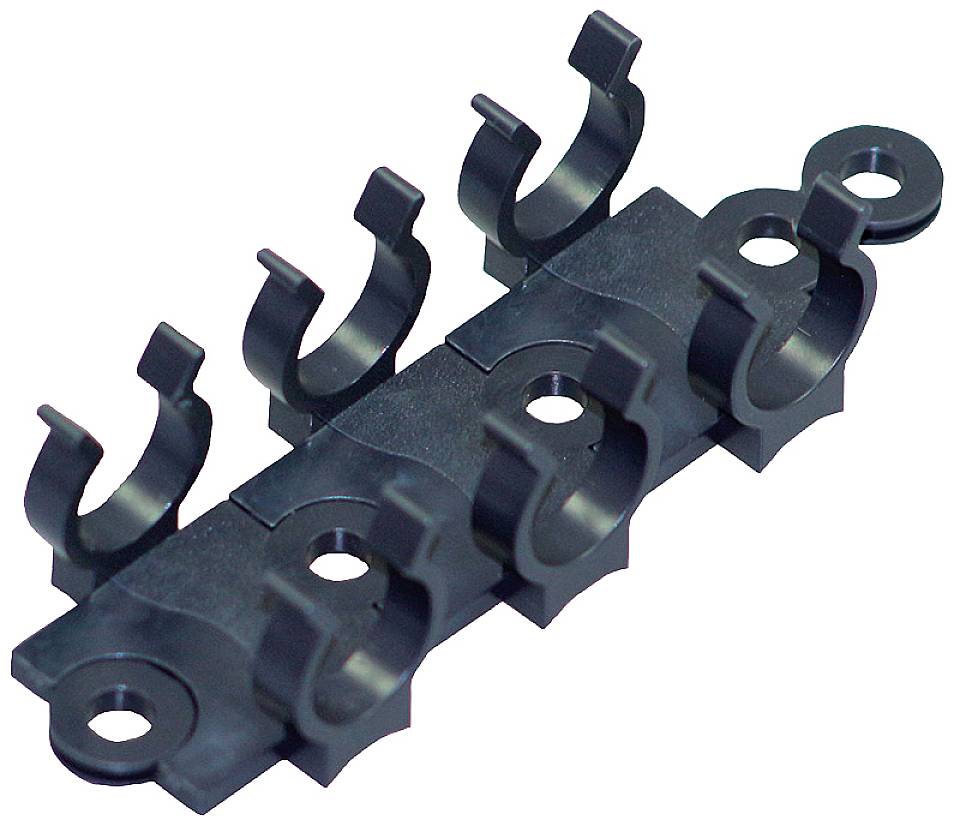 Kabelhalter aus schwarzem Kunststoff mit fünf Clips zur Befestigung von Kabeln, zur besseren Organisation und Vermeidung von Kabelsalat.
