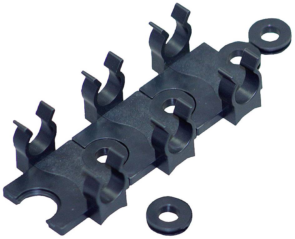 Kabelhalter aus schwarzem Kunststoff mit mehreren Clips für Kabelmanagement, inklusive zwei kleinen runden Scheiben.