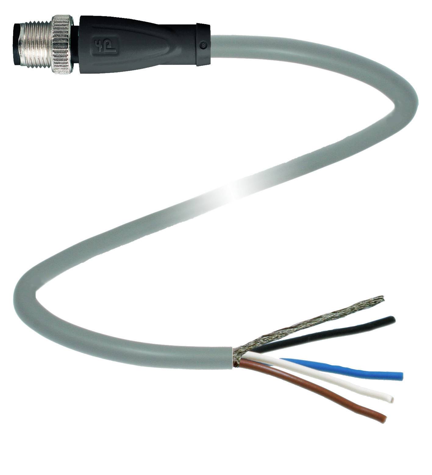 Ein graues, spiralförmiges Kabel mit offenliegenden Litzen an einem Ende und einem runden Stecker am anderen Ende.