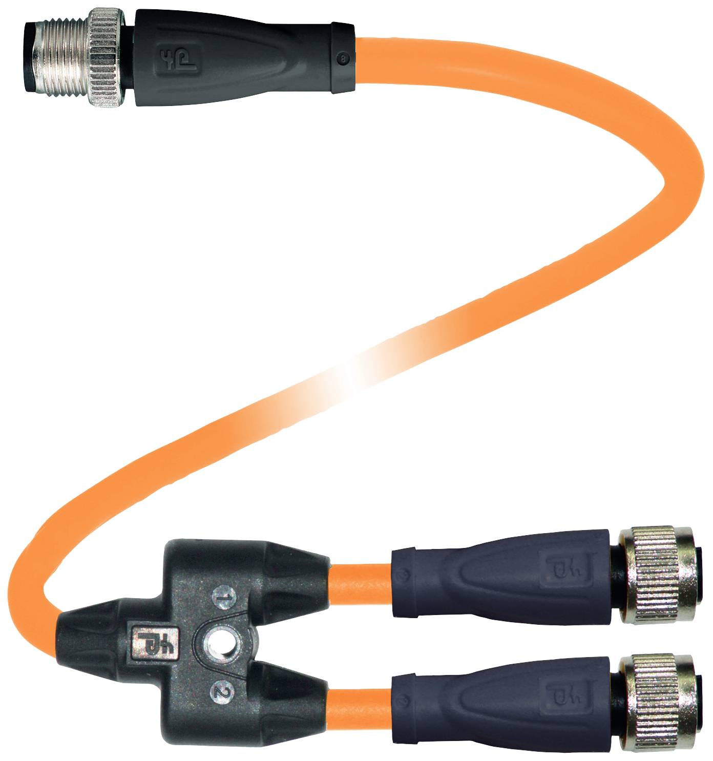 Ein orangefarbenes Y-Verbindungskabel mit einem Steckverbinder an jedem Ende, verwendet in elektrischen oder elektronischen Anwendungen.