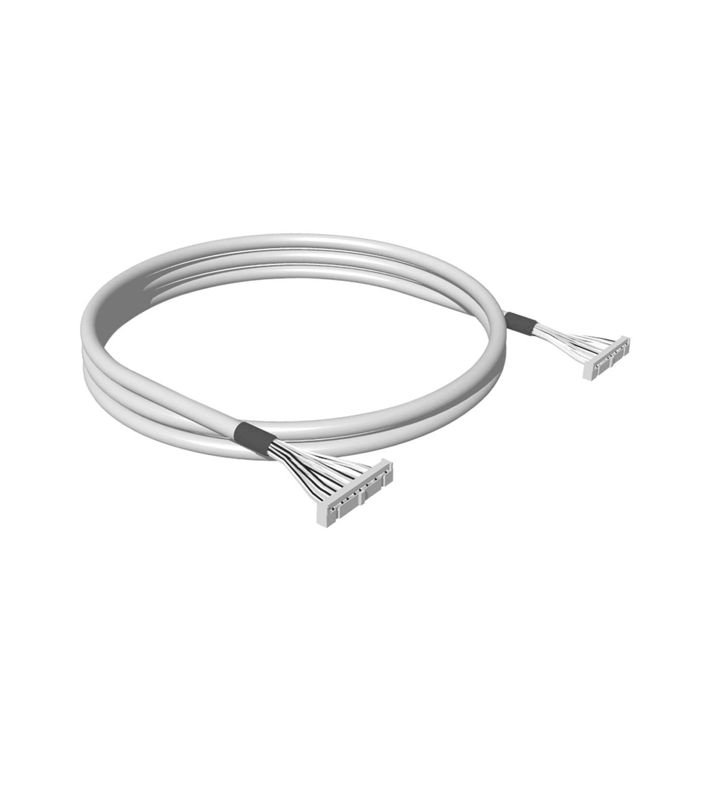 Ein Kabel mit zwei Steckverbindern an den Enden. Es ist weiß und zeigt mehrere isolierte Drähte, die zu den Verbindern führen.