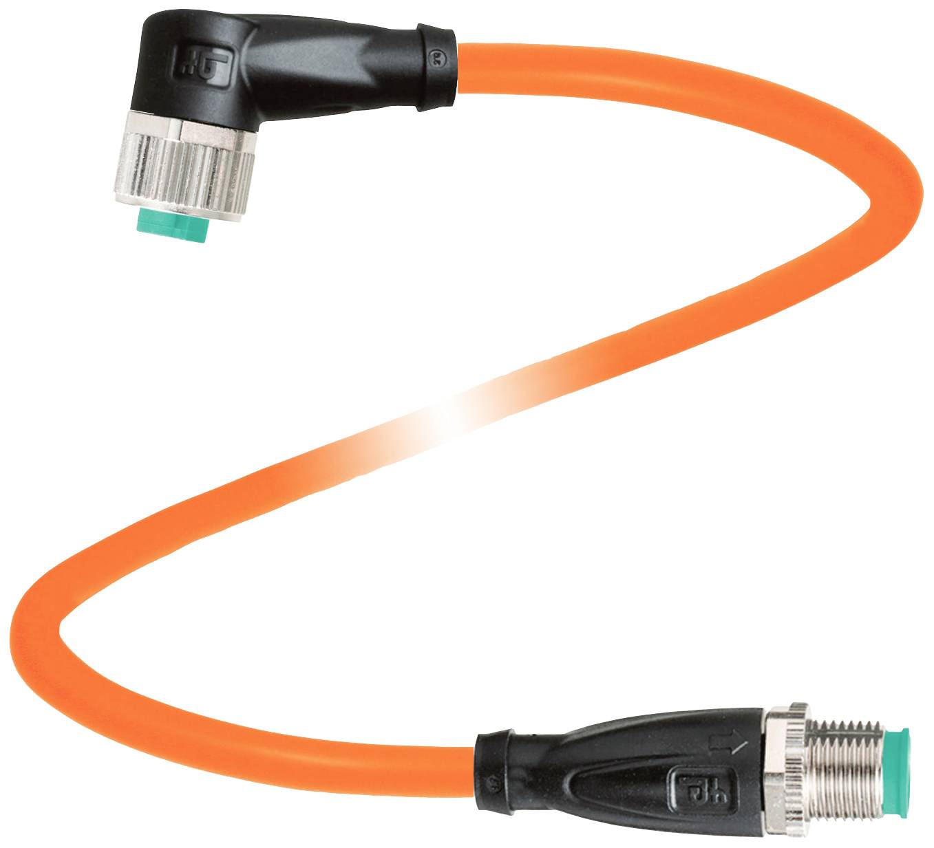 Ein orangefarbenes, gebogenes Kabel mit einem schwarzen, rechtwinkligen Stecker auf der einen und einem geraden Stecker auf der anderen Seite.