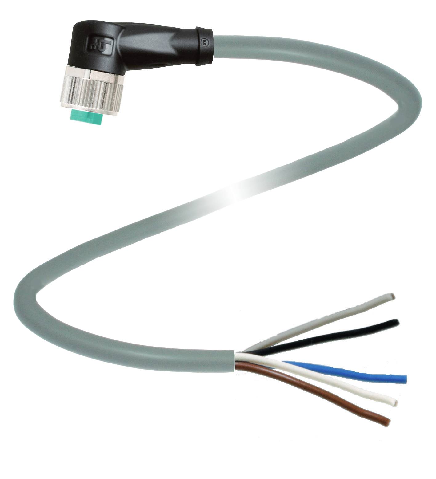 Ein graues, gebogenes Kabel mit einem Metallstecker an einem Ende und vier blanken Drähten am anderen.