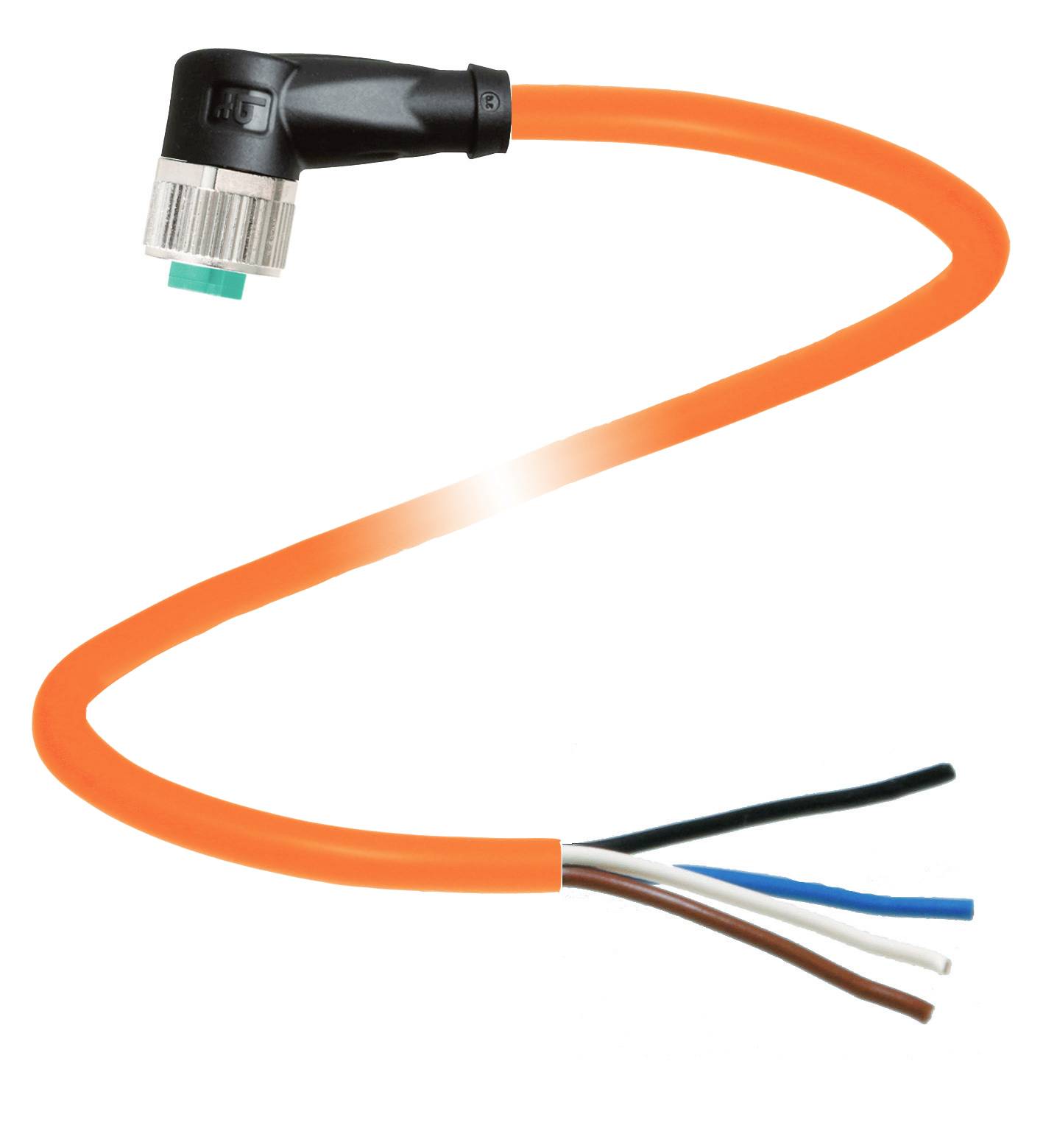 Ein orangefarbenes, spiralförmiges Kabel mit einem Winkelstecker am oberen Ende und vier freiliegenden Drähten am unteren Ende.