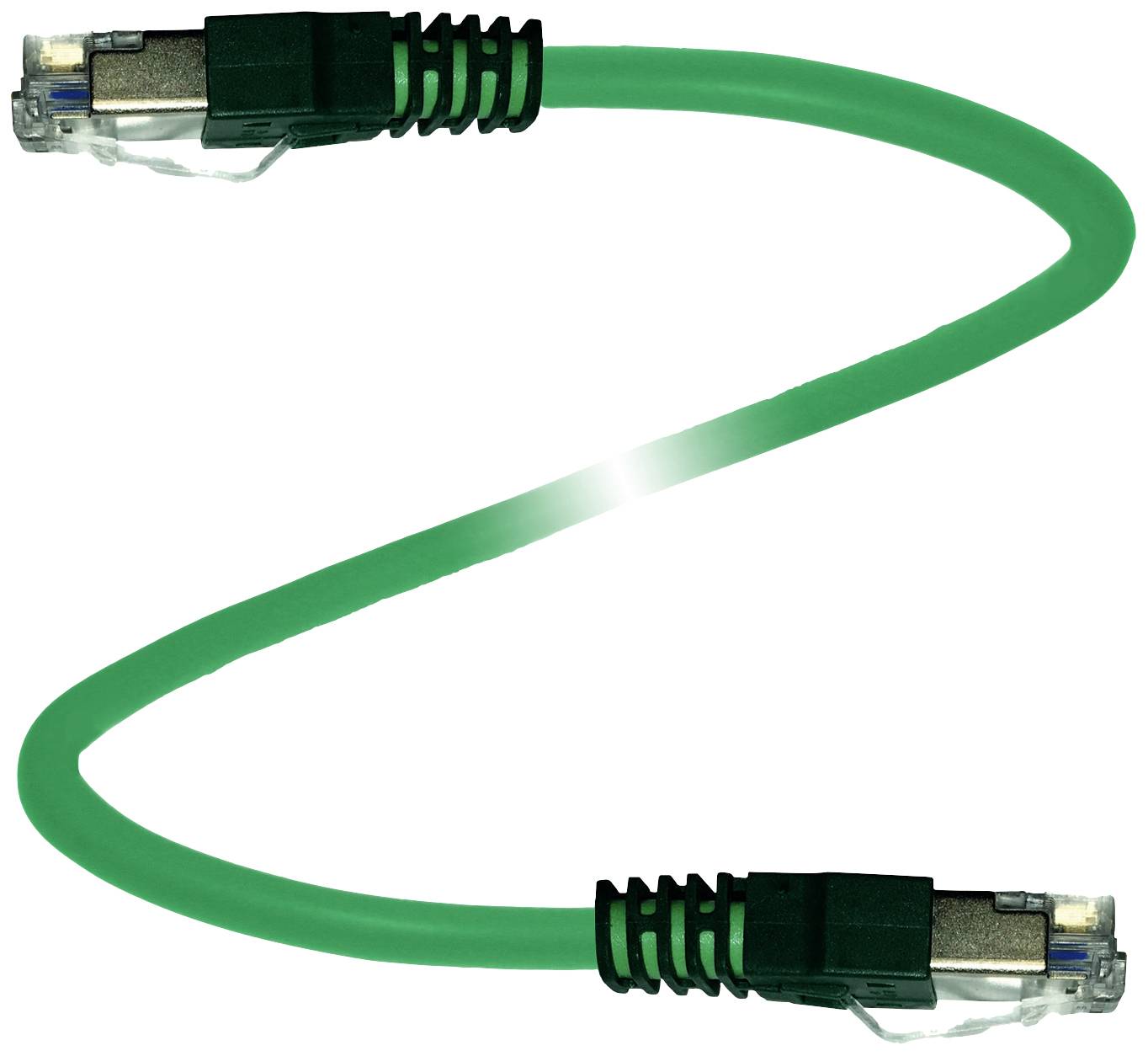Grünes Netzwerkkabel mit zwei RJ45-Steckern an beiden Enden.