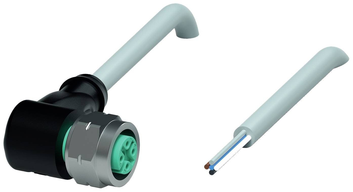 Winkelsteckverbinder mit grünem Einsatz, Kabel abgetrennt daneben, zeigt Innenleiter in Braun, Blau, Weiß.