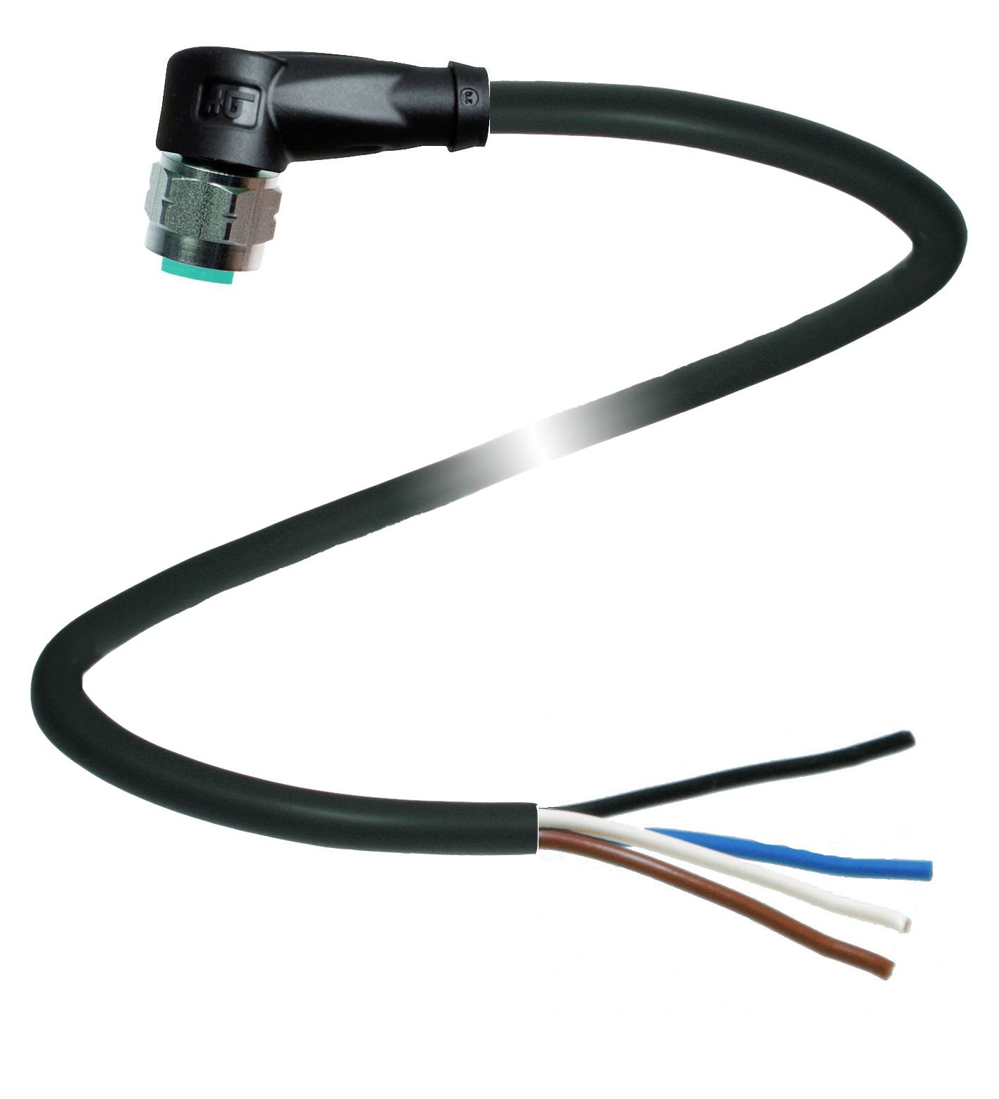 Ein schwarzes Kabel mit einem 90-Grad-Stecker und freiliegenden Litzen in den Farben Weiß, Braun, Blau und Schwarz.