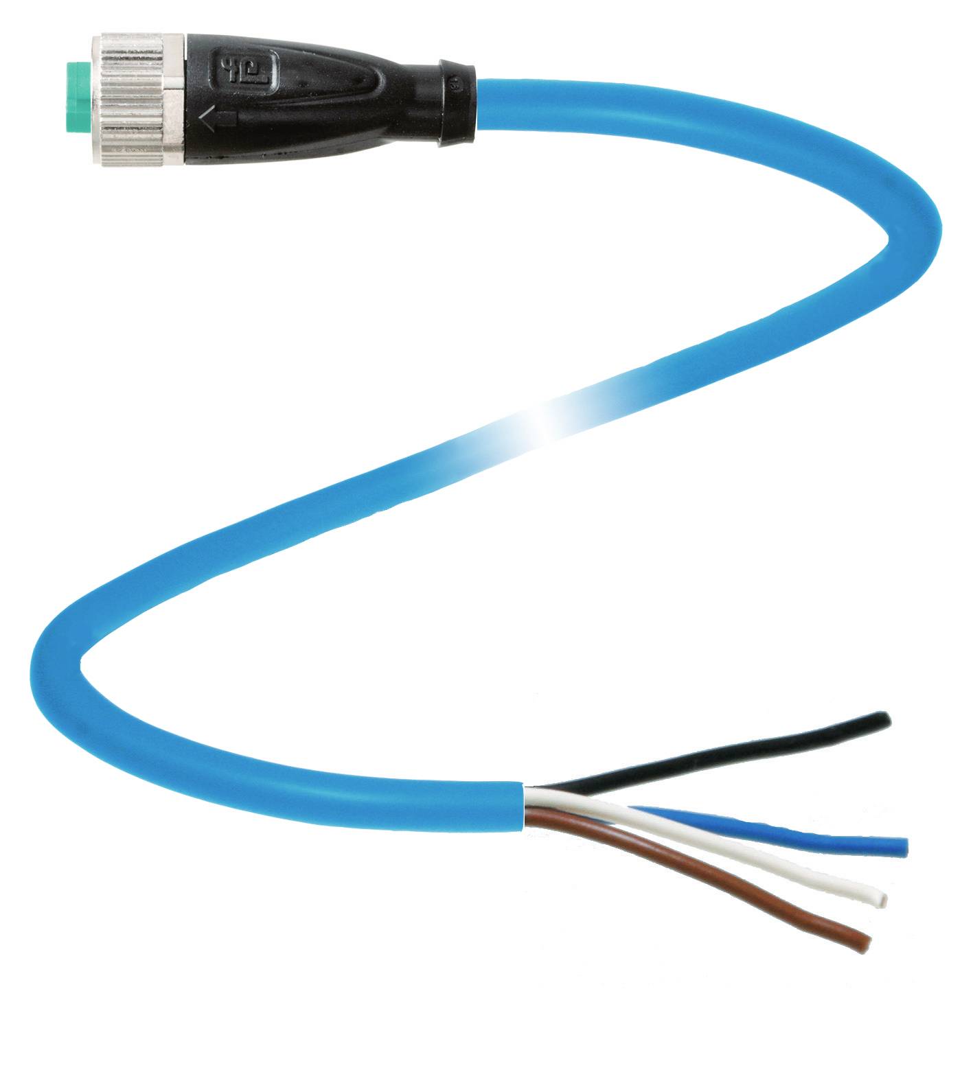 Blaues Kabel mit einem Anschlussende und vier freiliegenden, unterschiedlich farbigen Drähten am anderen Ende.