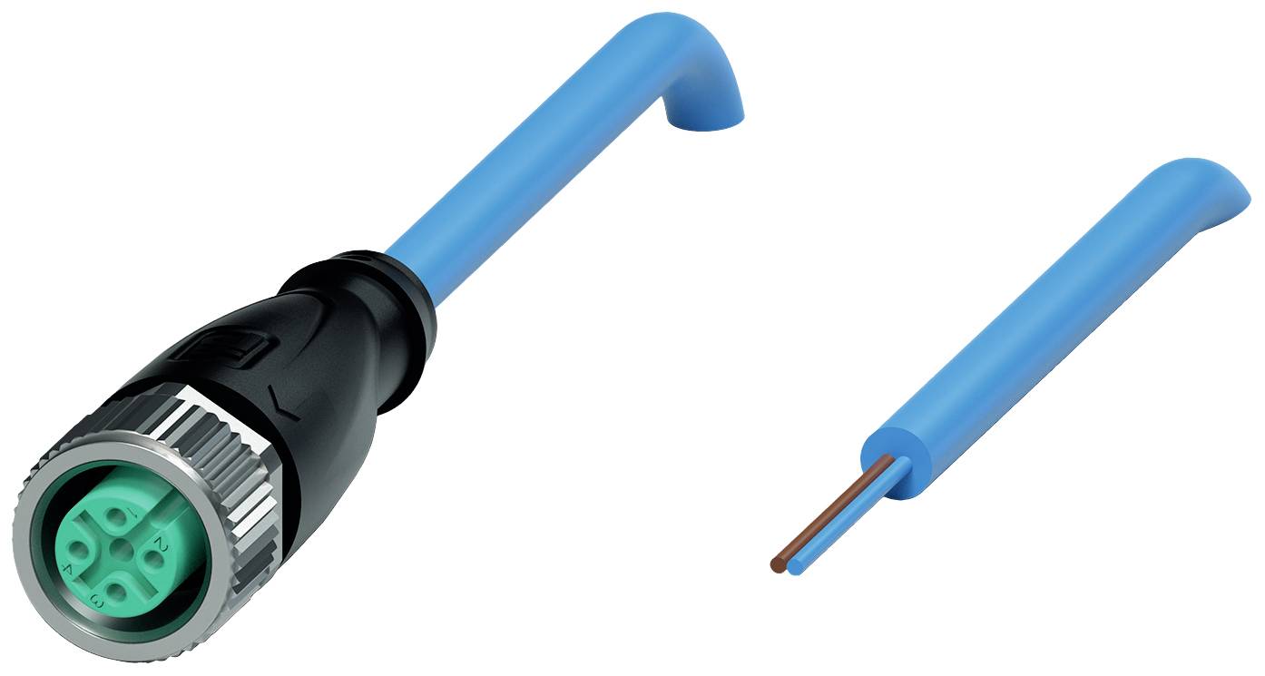 Ein schwarzer Steckverbinder mit grünem Innenleben neben einem blauen Kabel mit freiliegendem Kupferdraht auf weißem Hintergrund.
