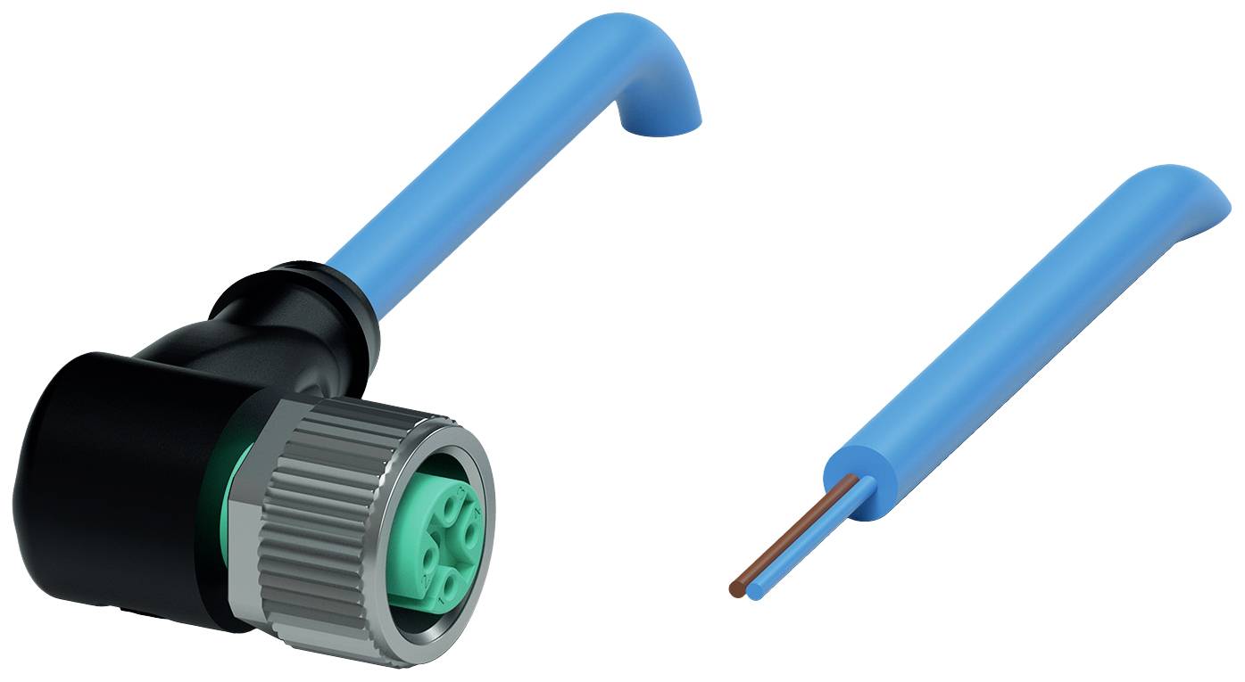 Ein rechtwinkliger schwarzer und grauer Stecker mit grünem Anschluss neben einem blauen Draht mit freiliegendem Kupferende.