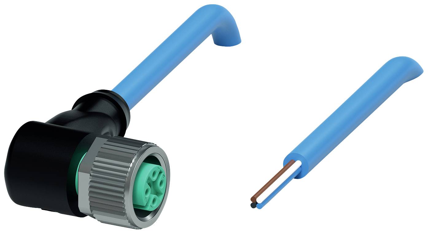 Steckverbinder mit blauem Kabel, passend für eine technische oder industrielle Anwendung, zeigt einen offenen Kabeldraht.