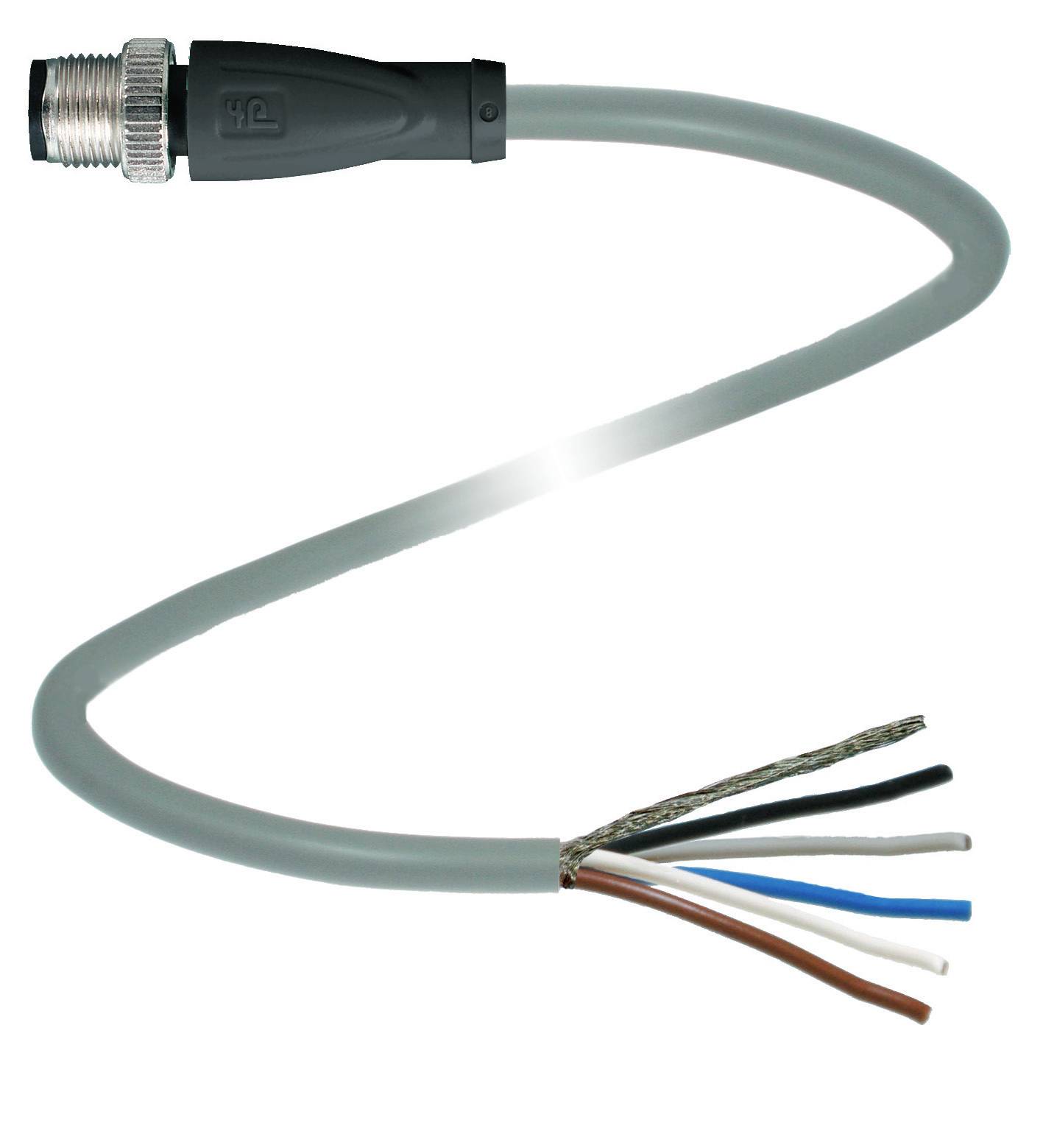Graues elektrisches Kabel mit Steckverbinder auf der einen Seite und offenen, farbigen Drähten auf der anderen Seite für Verkabelung.